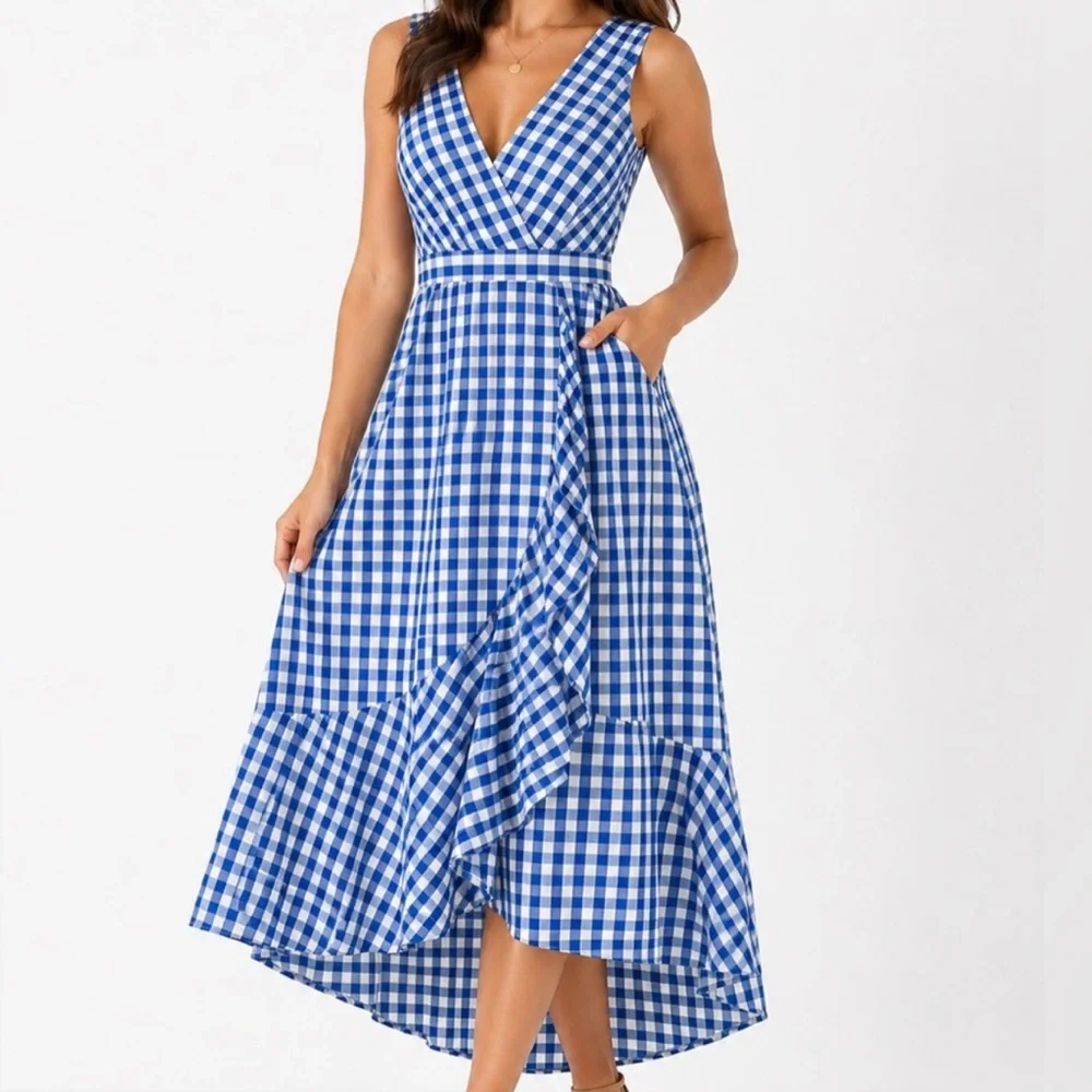 J.Crew 6 Gingham Wrap Dress Blue White Midi Sleeveless Ruffle Hem V-neck - Picture 1 of 3